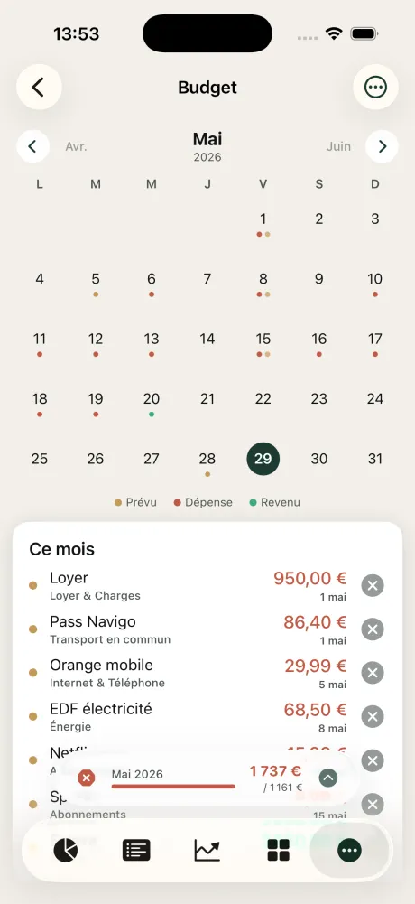 Monthly budget calendar showing upcoming due dates