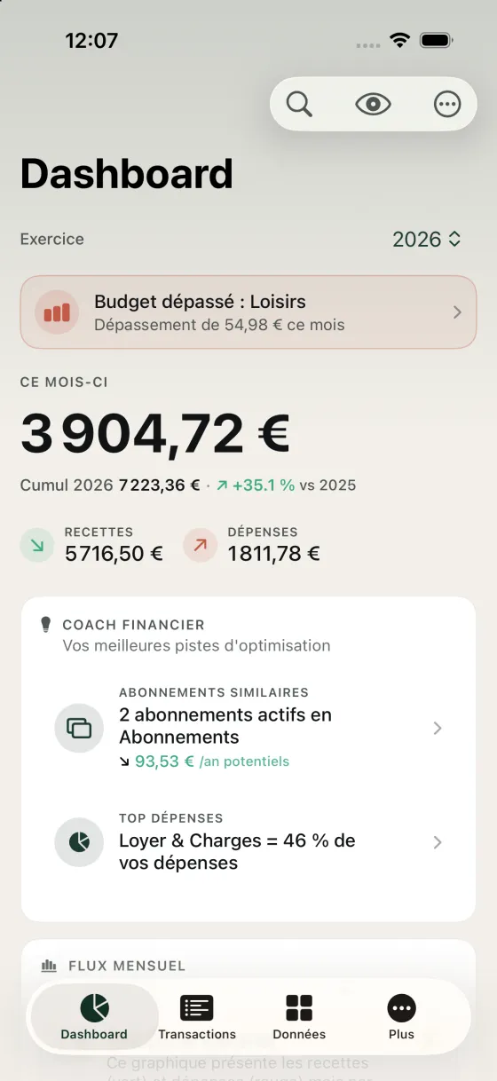 Nemoris dashboard: yearly balance, invested assets, net worth and monthly flow