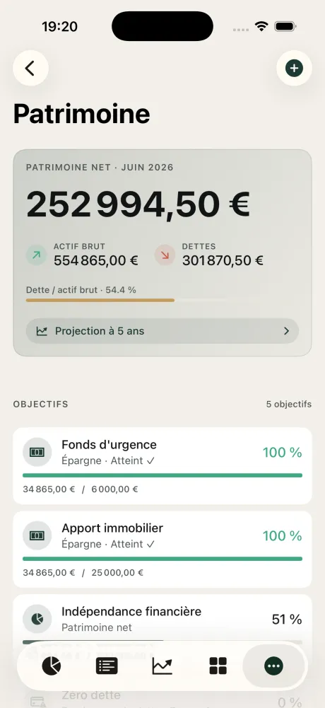Net worth screen: gross assets, debts, net worth and savings goals