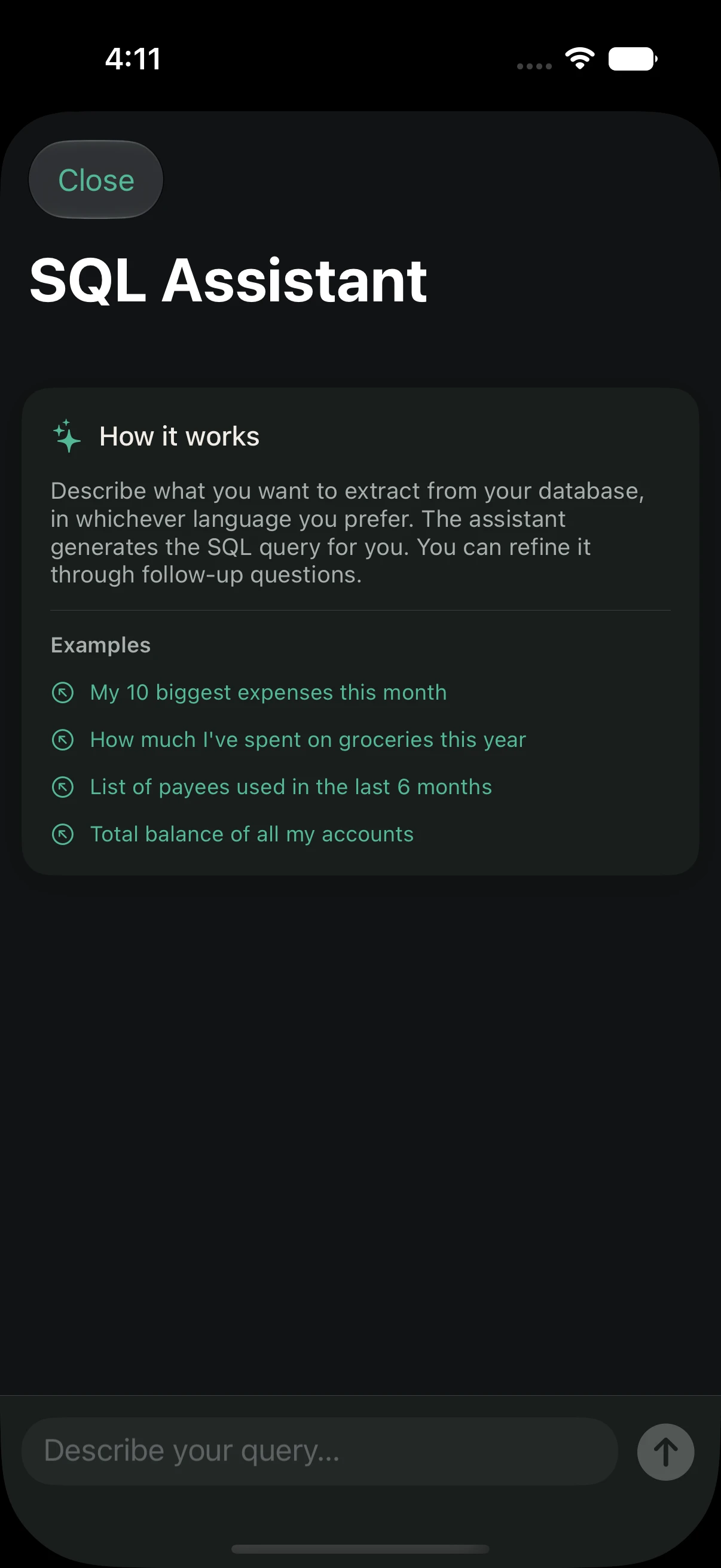 SQL assistant: example questions written in plain language against your own data