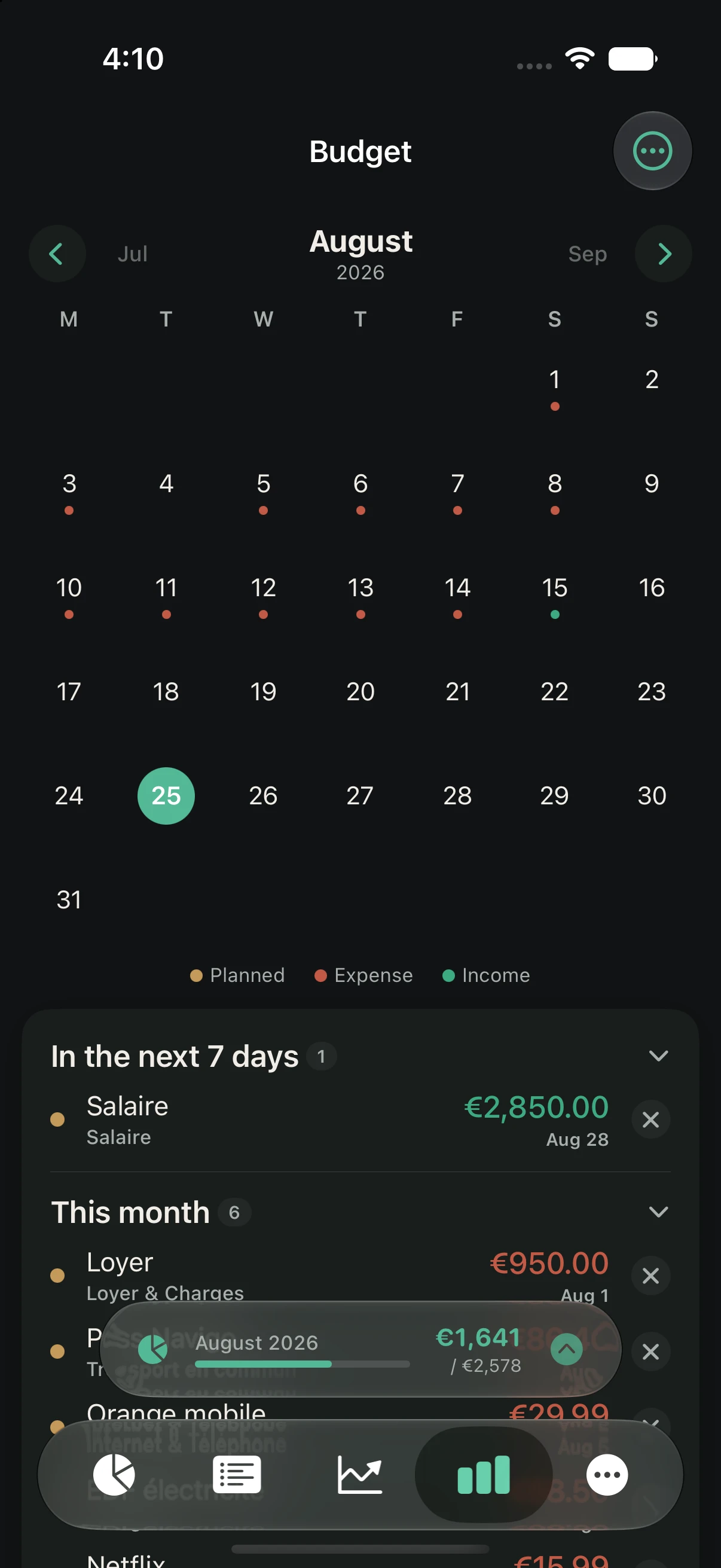 Monthly budget calendar showing upcoming due dates