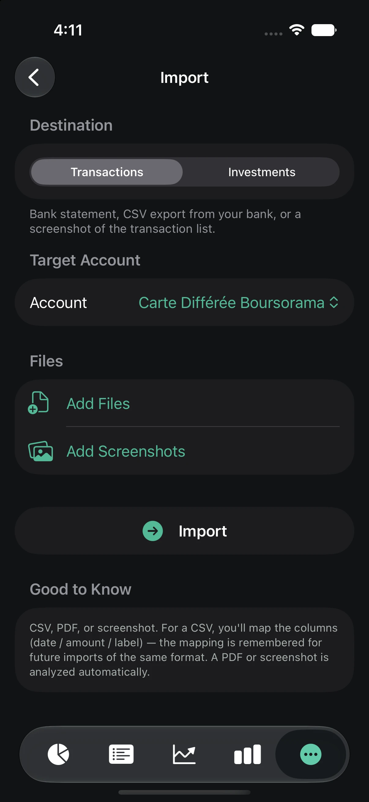 Import screen: drop a file or a screenshot, with the destination account to choose
