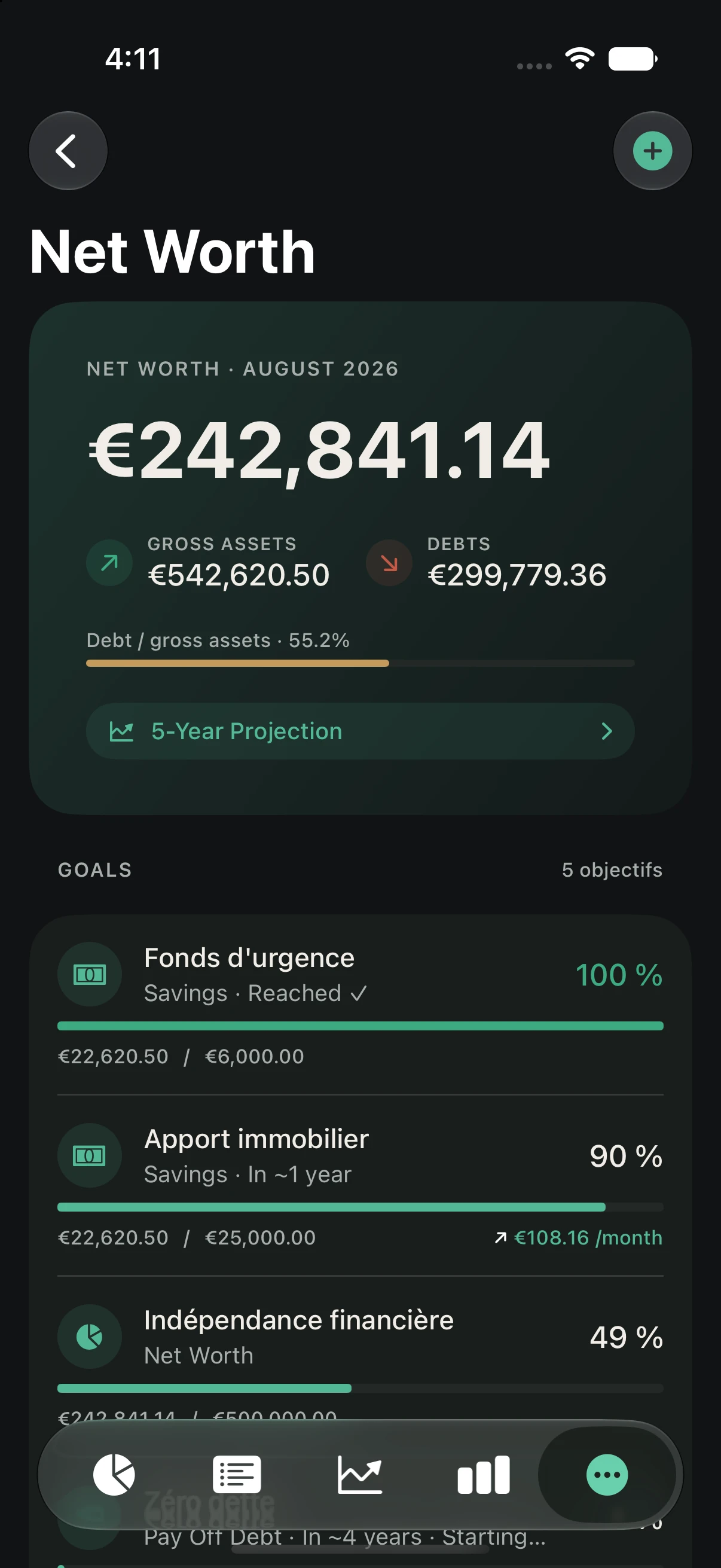 Net worth screen: gross assets, debts, net worth and savings goals