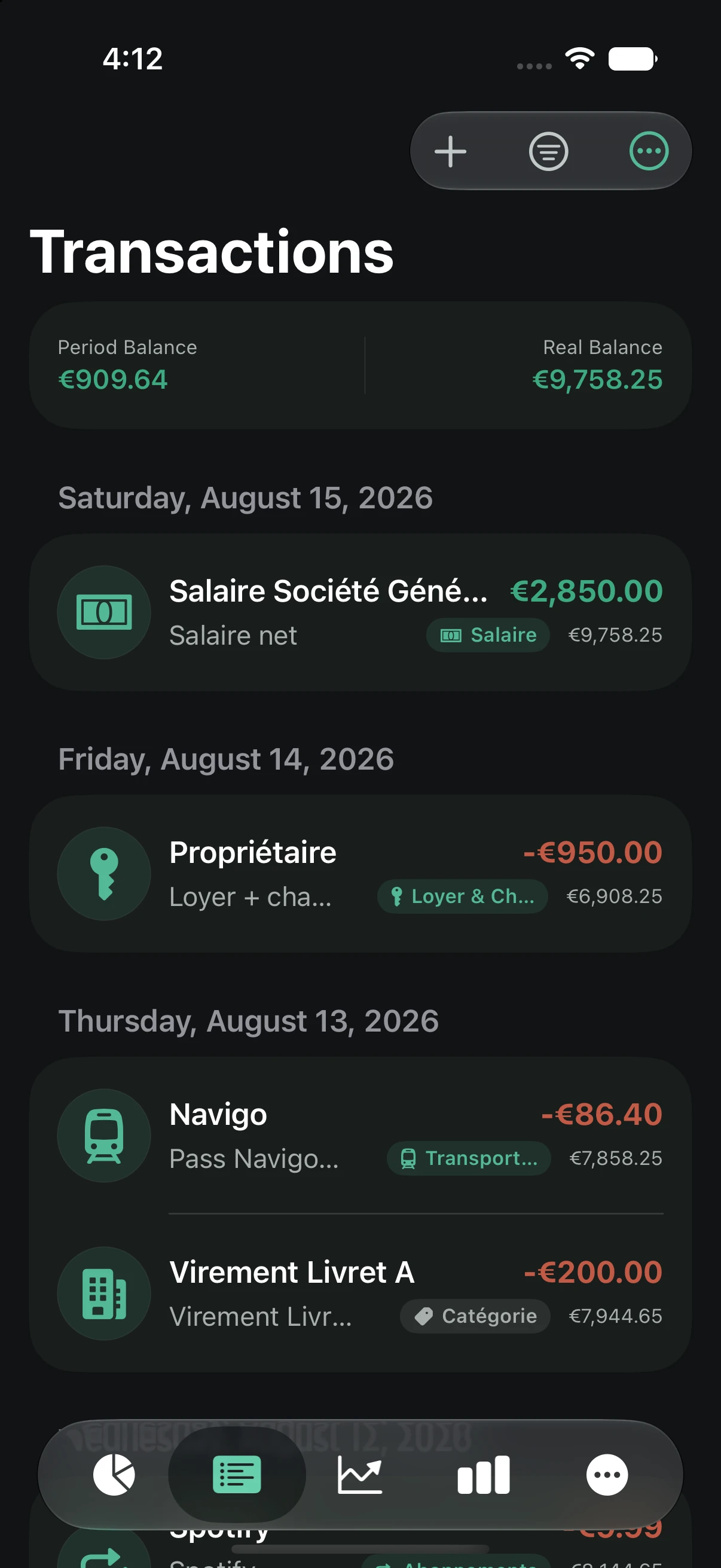 Transaction list grouped by day, with merchant logos and amounts