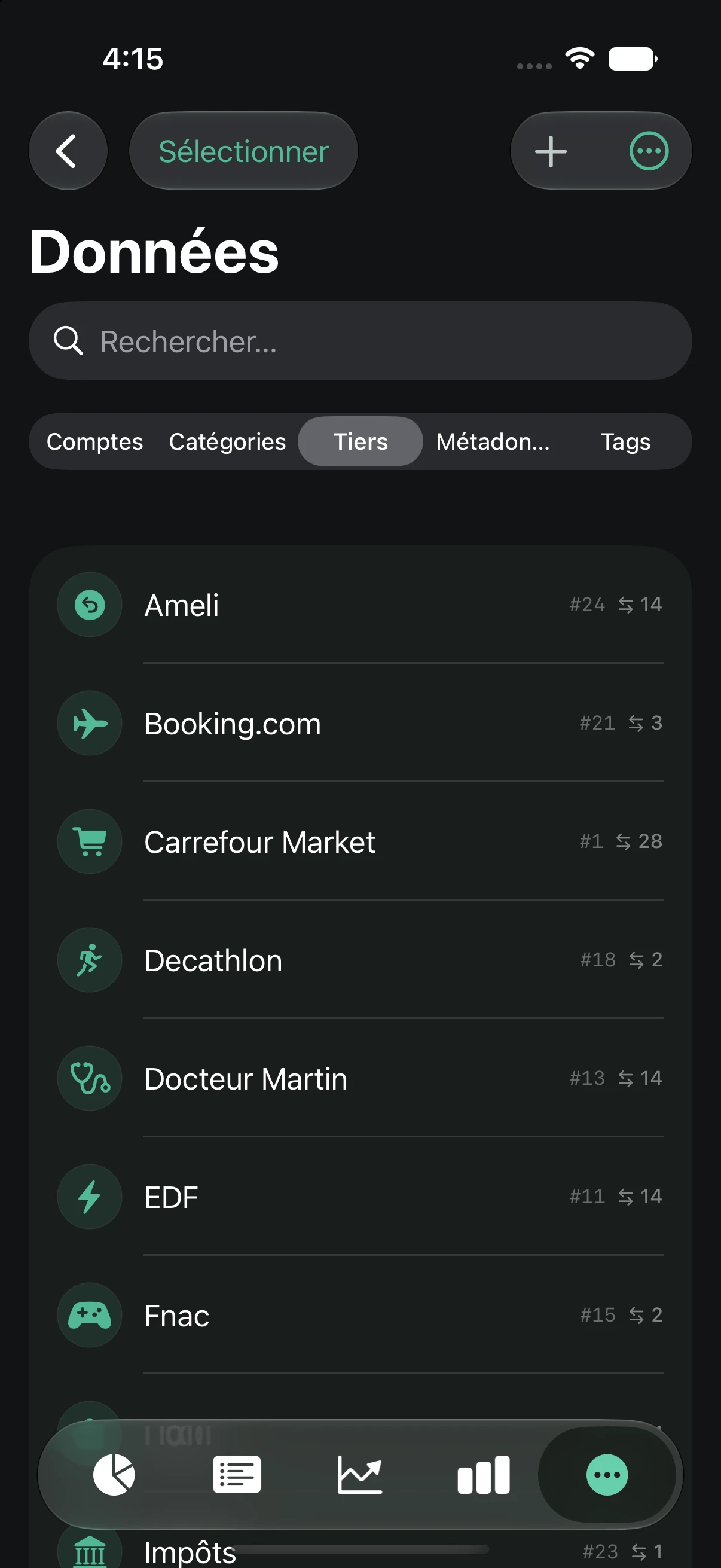 Écran Données : liste des tiers identifiés automatiquement, avec logo et catégorie