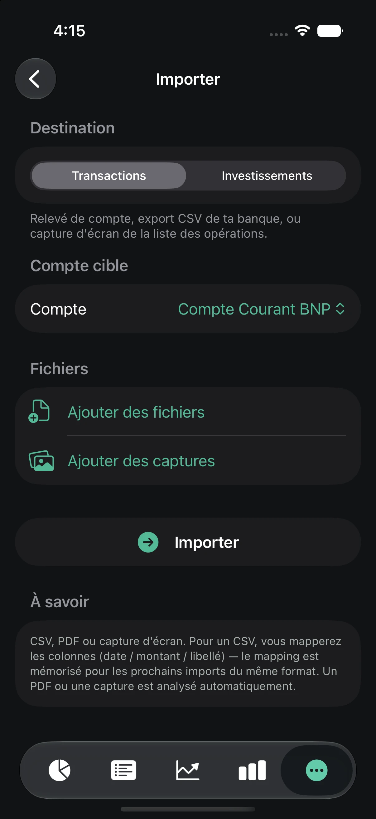 Écran d'import : dépôt de fichiers ou de captures, avec le compte de destination à choisir