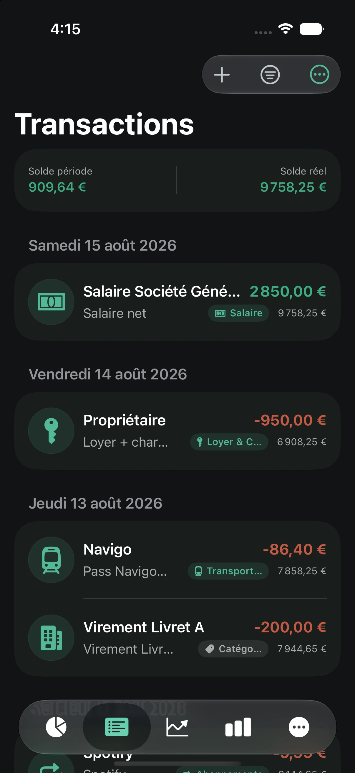 Liste de transactions groupées par jour avec logos de marchands et montants