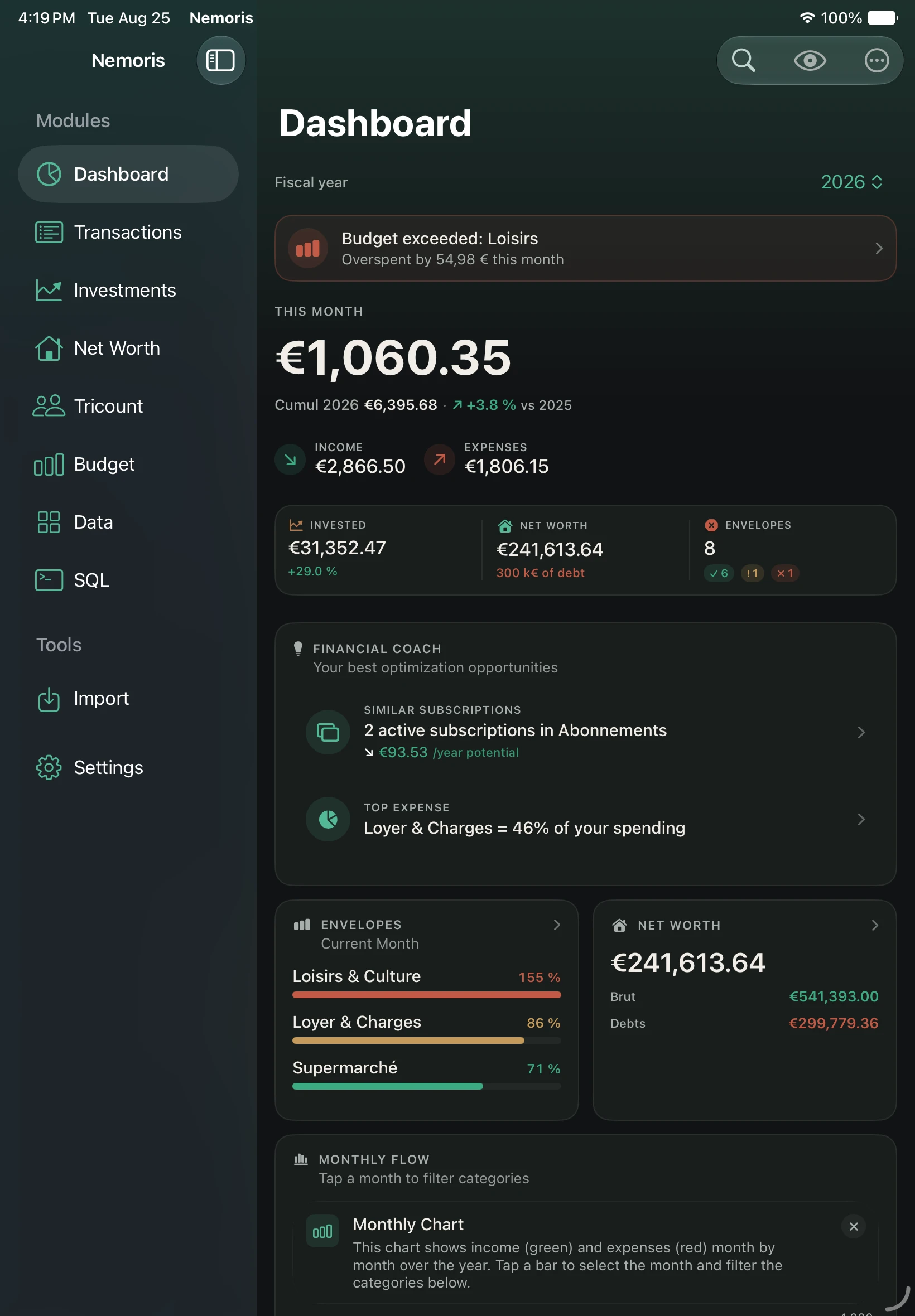 Nemoris on iPad with the sidebar and dashboard