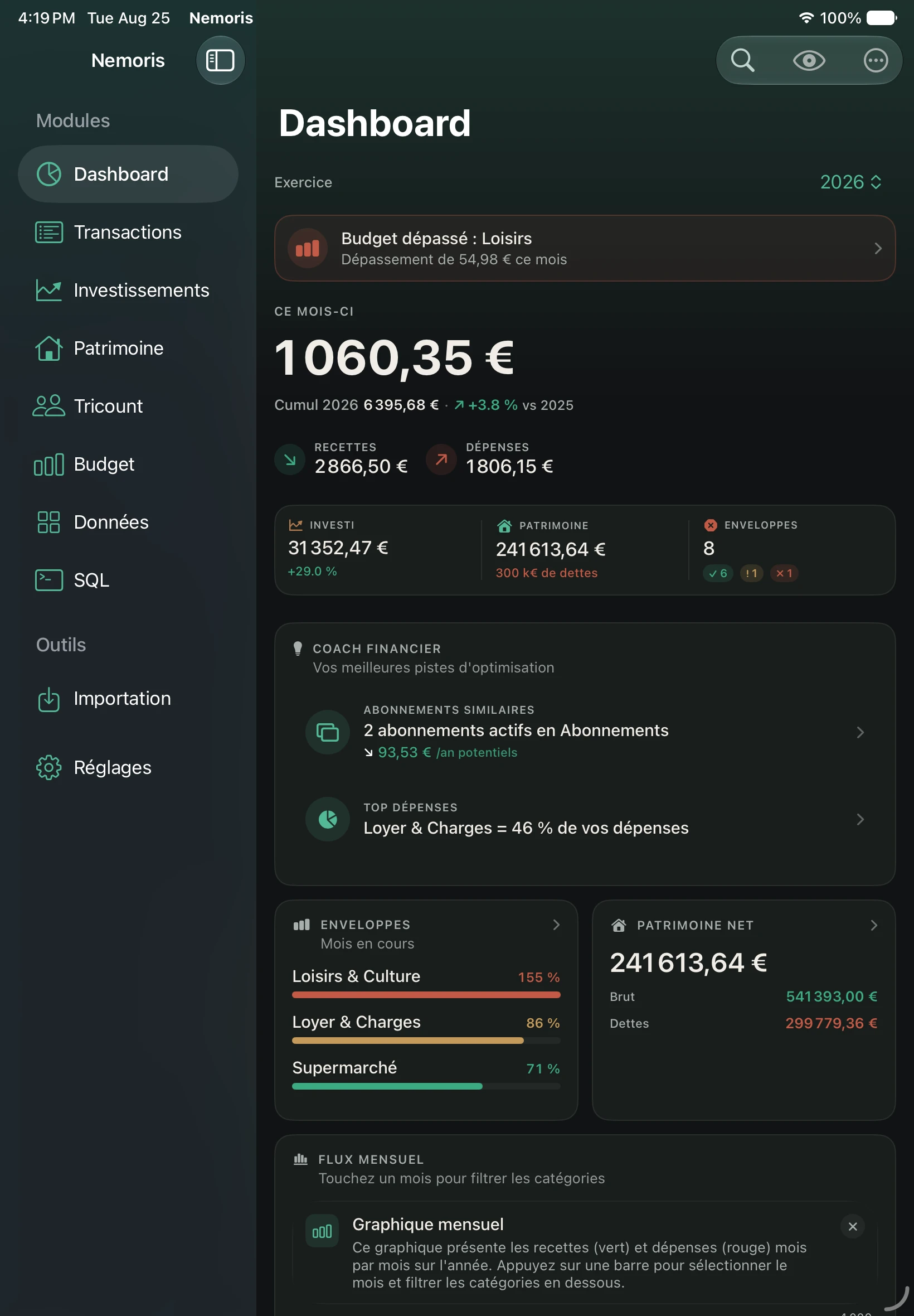 Nemoris sur iPad avec la barre latérale et le tableau de bord