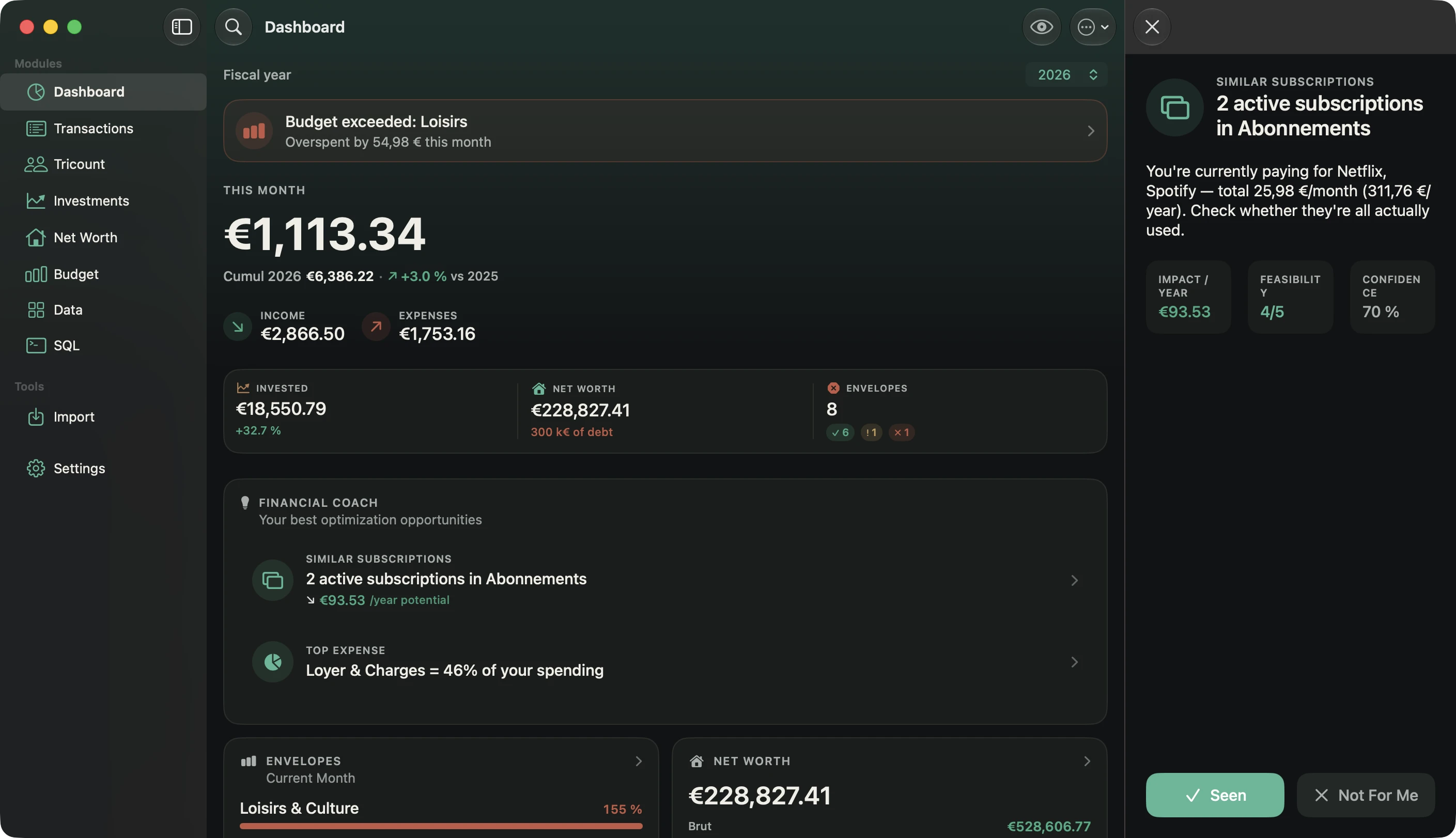 Nemoris on Mac with the sidebar and dashboard