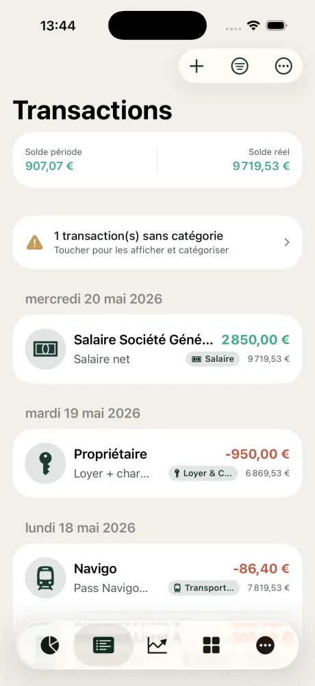 Transaction list grouped by day, with merchant logos and amounts