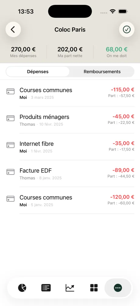 Shared expense group showing each participant's share and balance